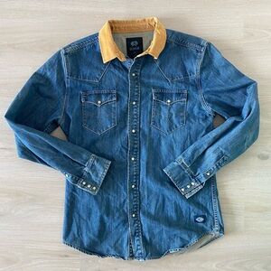 Mens Vintage Y2k Denim Overshirt with Yellow Collar Size L